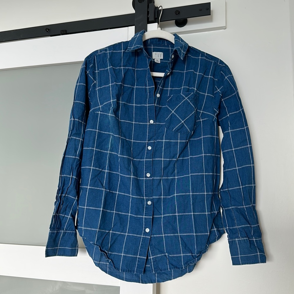 Linen Blend Plaid Button Down Shirt XS